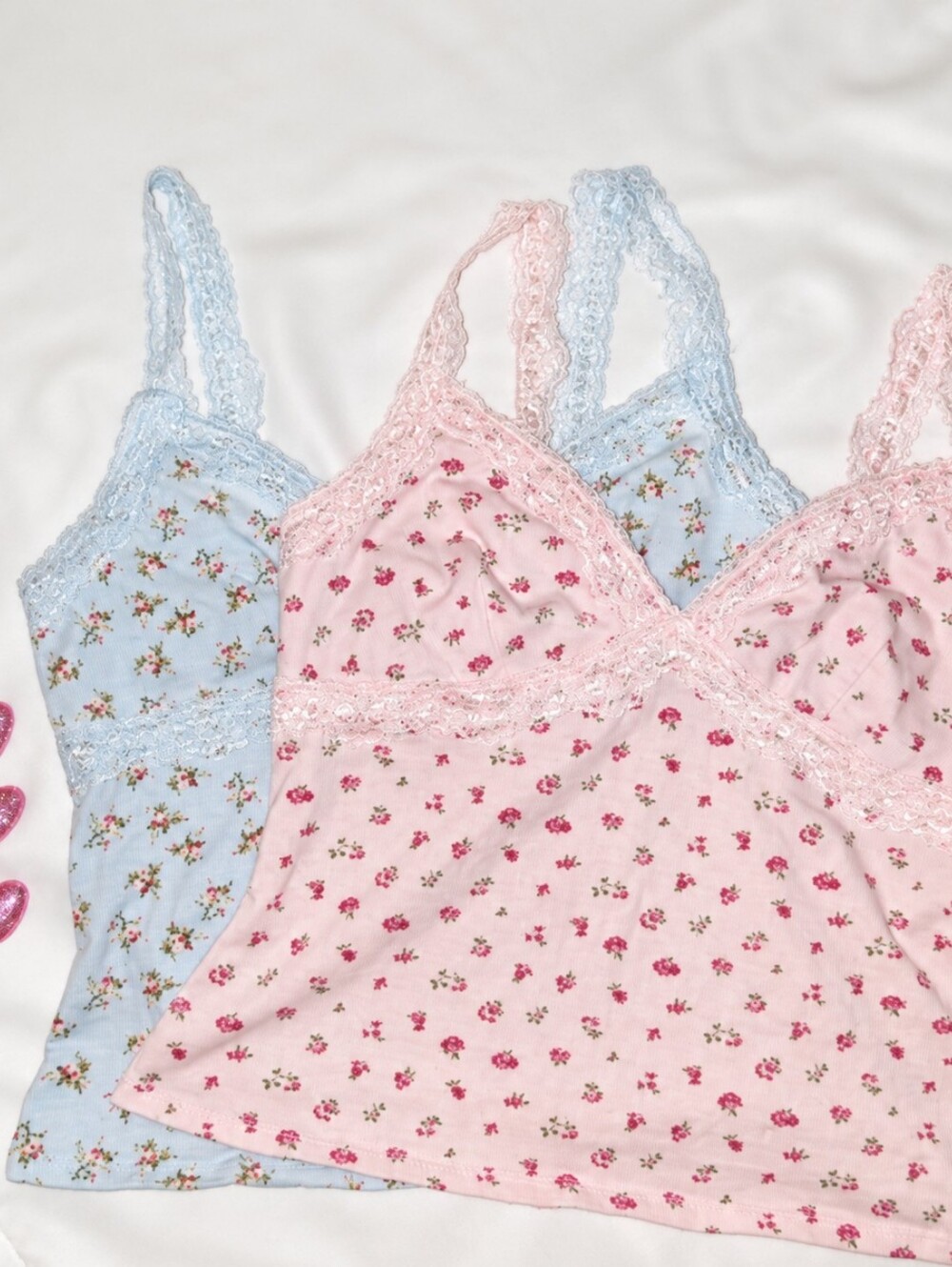 NEW Madden Girl Bundle Floral Lace Trim Camisole Light Blue & Pink Medium Junior